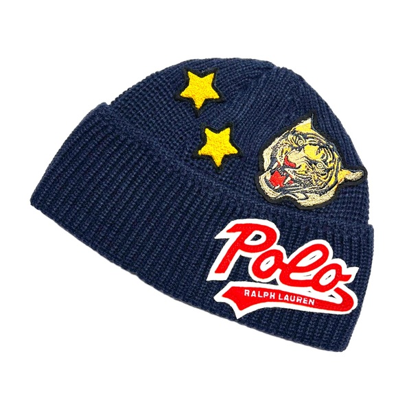POLO RALPH LAUREN Tiger Varsity Patch Beanie Hat Blue - Picture 3 of 13